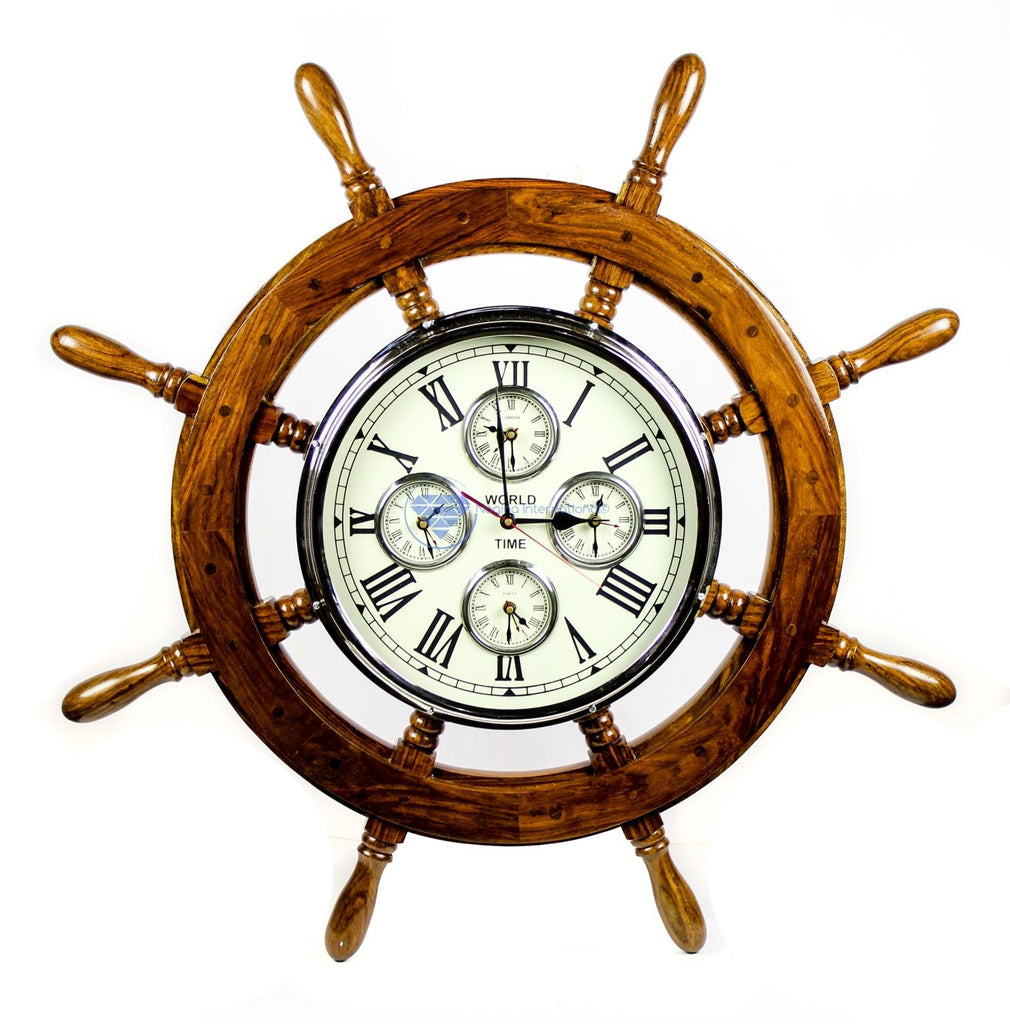 30" Premium Mahogany Crafted Large Nautical Ship's Wheel Times World Clock | Nautical Home Decor & Gifts (30 Inches