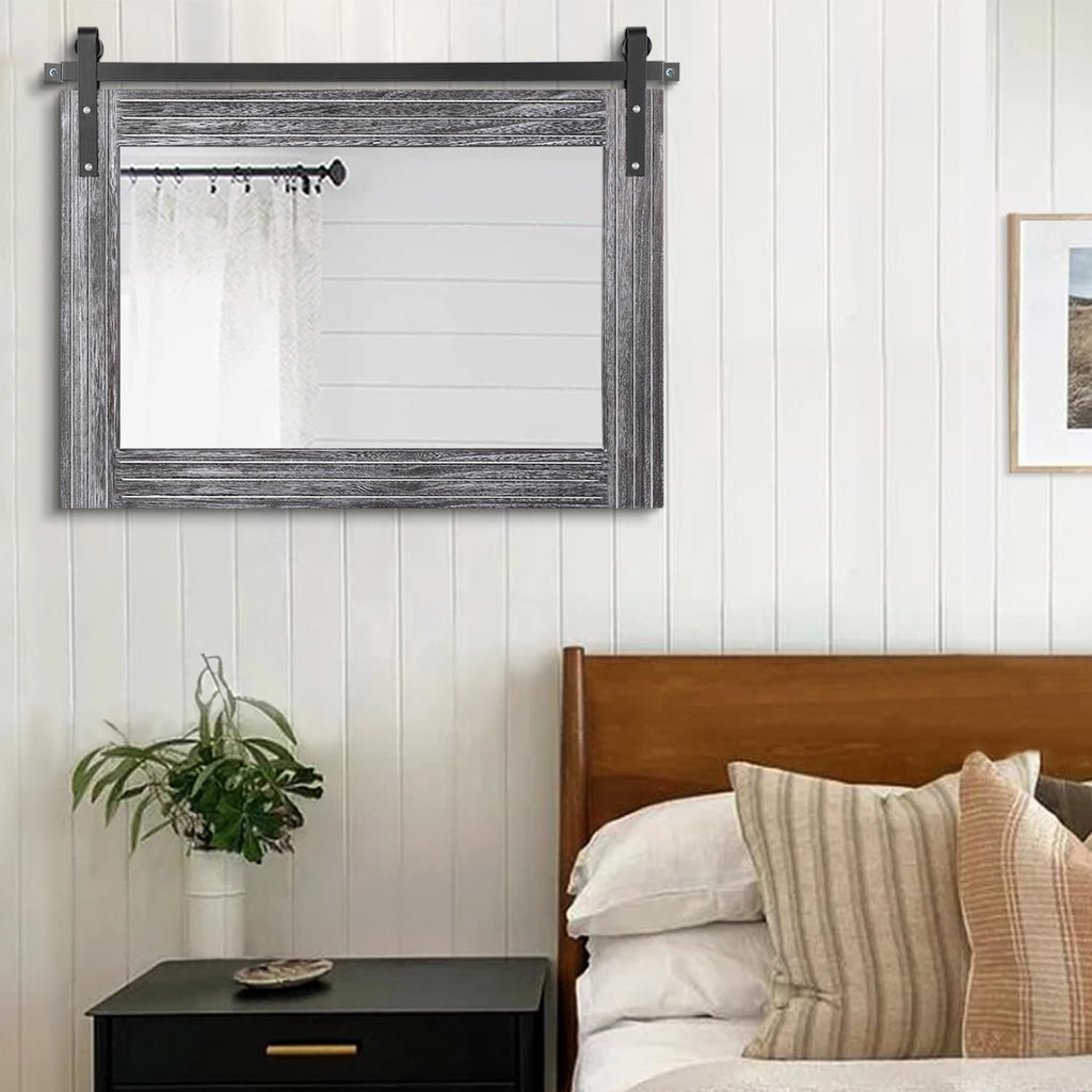 Rustic Wall Mirror with Wood Framed Barn Door Mirror Rectangular Bathroom Mirror 18"x26" Bedroom Living Room Entrance