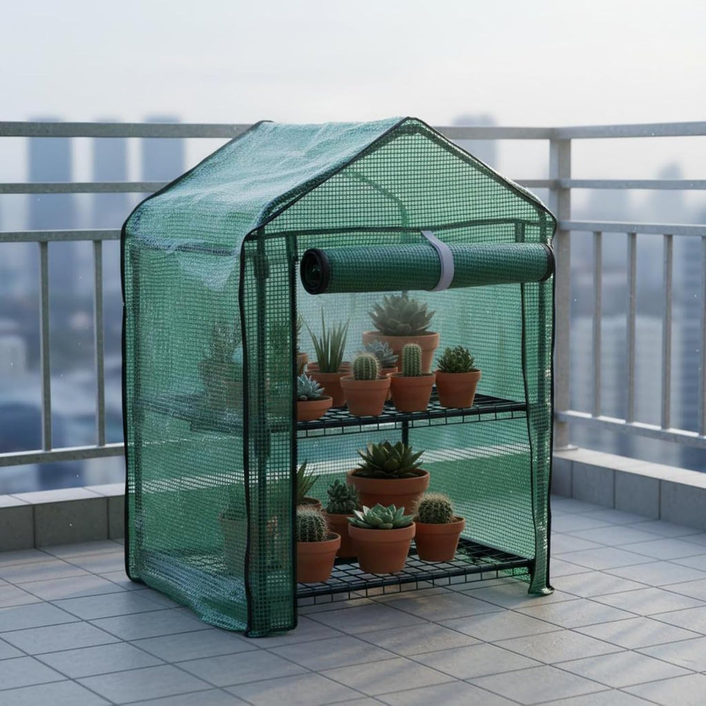 Greenhouse Shelter Mini Greenhouse Plant Shelter Garden Cover Balcony Tent Two Shelves PE Cover and Metal Frame Help