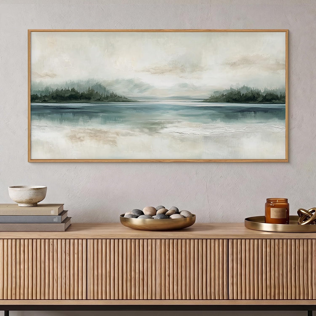 Abstract Sage Green Beige Landscape Framed Canvas Wall Art Set, Watercolor Pastel Mirror Lake Mountain Wall Decor