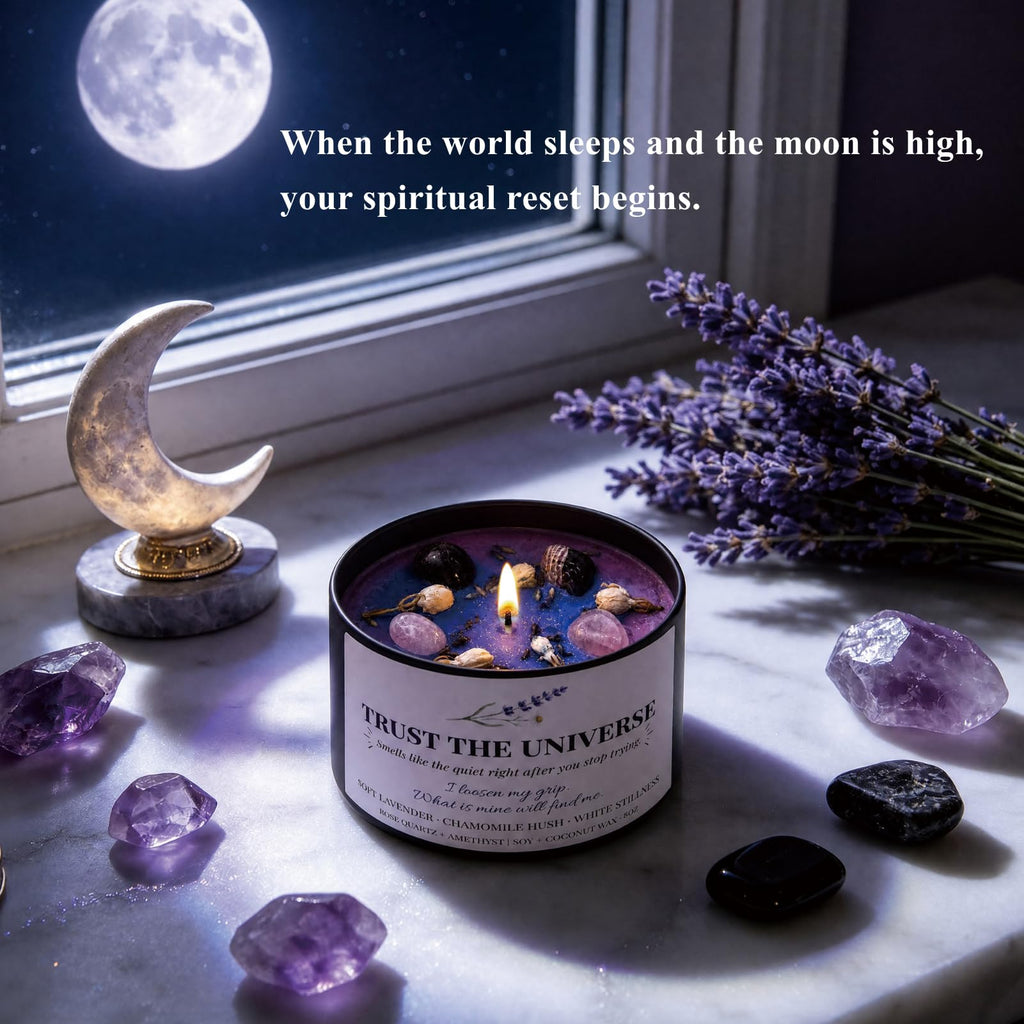 Trust the Universe Crystal Candle for Serenity, 8OZ Amethyst Energy Healing Candles, Protection Support Chakra