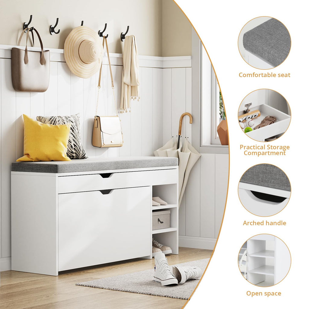 Shoe Storage Bench with 3-Tier Flip Drawer & Padded Cushion, Shoe Rack Bench with Flip-Open Storage Box, Shoe Storage
