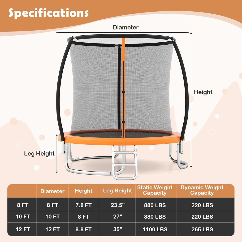 Trampoline Outdoor 8FT 10FT 12FT, ASTM Approved Trampolines with Enclosure Net, Ladder & Seamless Design, 880/1100LBS
