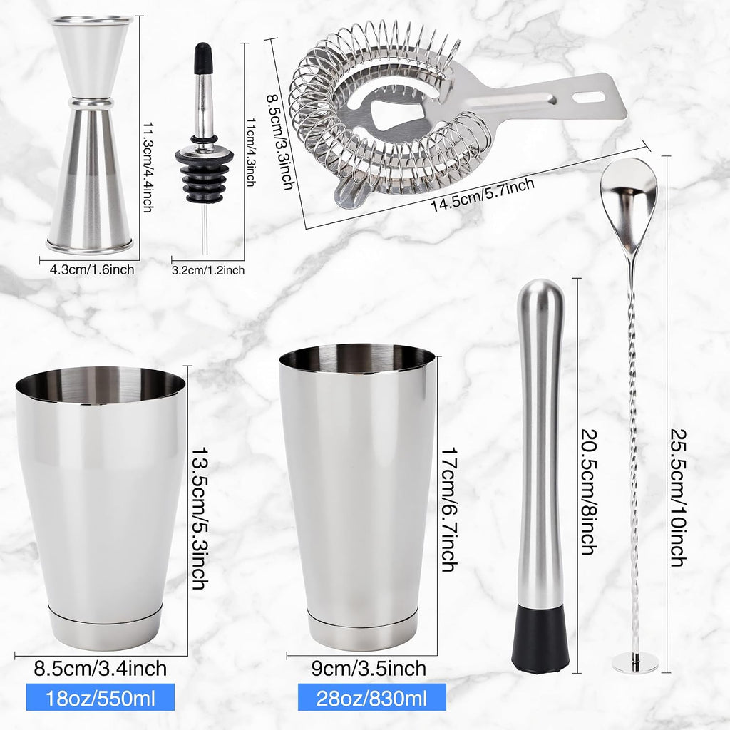 Shaker Set Stainless Steel Cocktail Drink 18 oz&28 oz Shaker Tin with Strainer Jigger Long Spoon Muddler - Set of 24