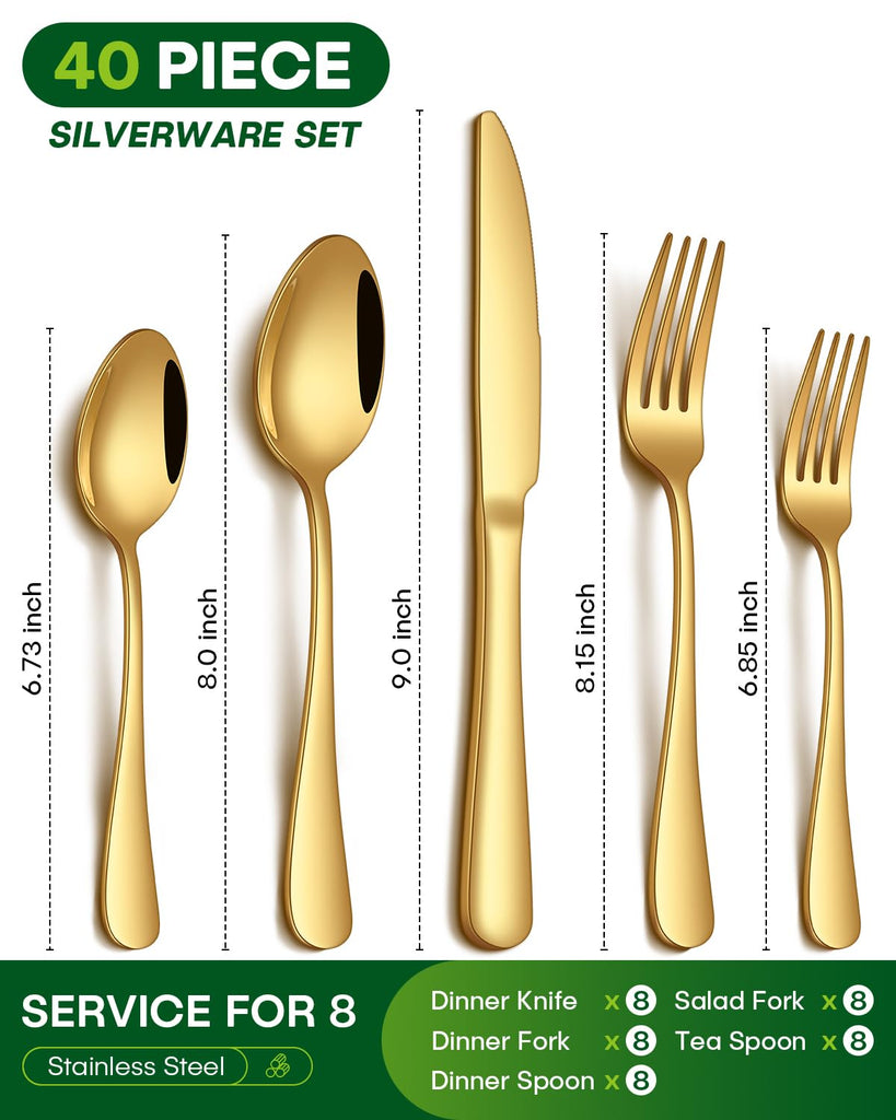 40 Piece Gold Silverware Set, Stainless Steel Flatware Set for 8 Food Grade Novelty Flatware Cutlery Utensil Set