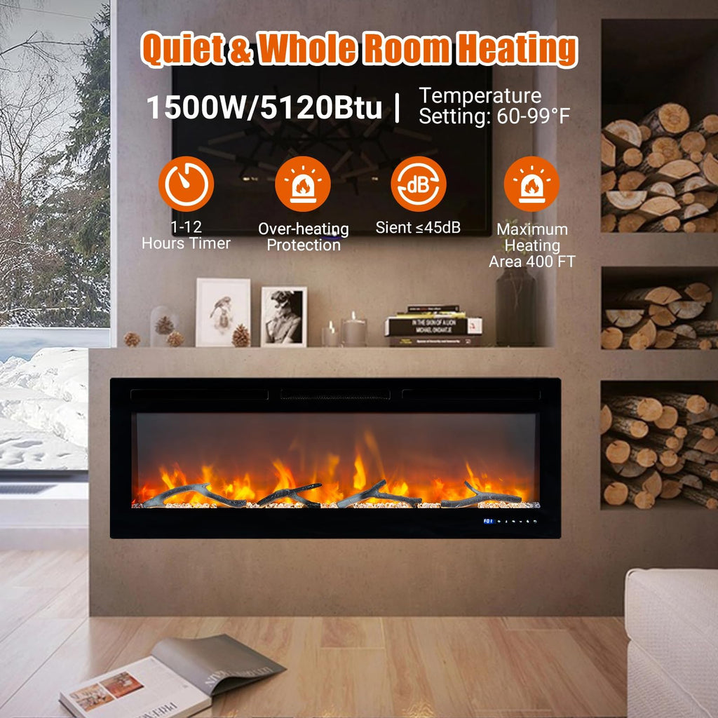 50 Inch Smart WiFi Electric Fireplace, Wall Mounted