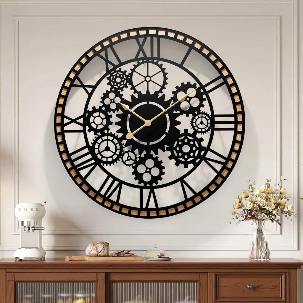 Large Farmhouse Wall Clocks, Gears Large Round Wall Clock