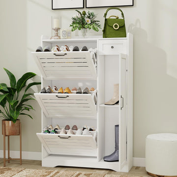 Shoe Storage Cabinet with 3 Flip Drawers, Freestanding Hidden Wooden Shoe Storage, Drawer & Adjustable Shelves, Slim