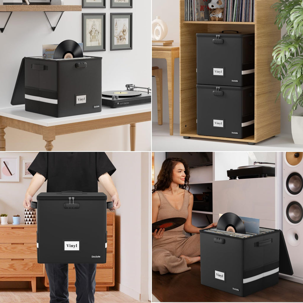 Vinyl Record Storage Box with Lock, Fireproof&Water Resistant Record Organizer Storage for 100+ Single