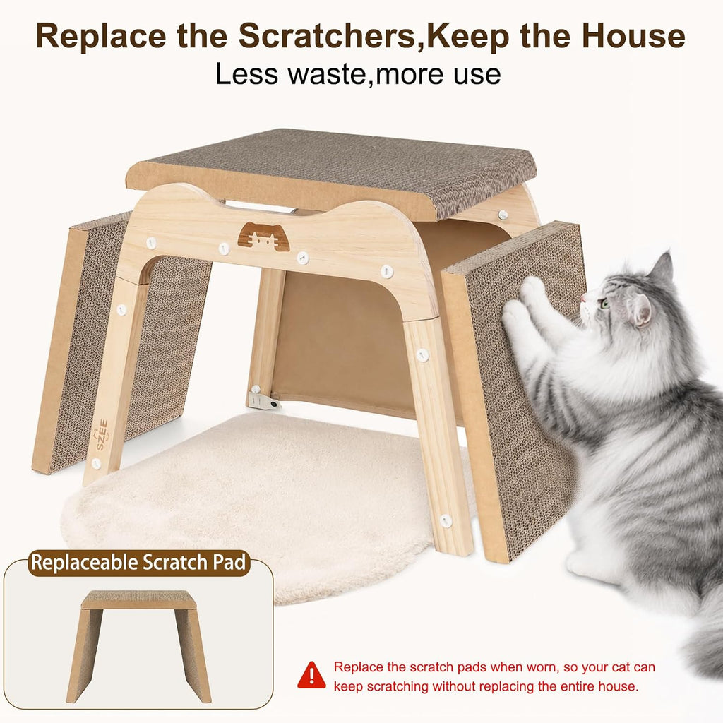 Cat Scratcher Bed and Solid Wood Cardboard Cat House for Indoor Cats