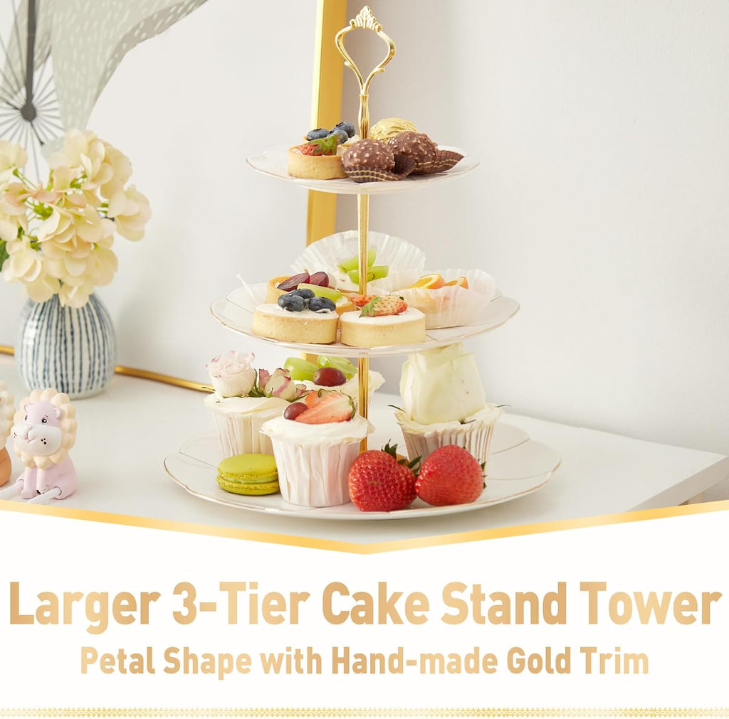 Luxury Larger 3-Tier Cupcake Stand Tower, British Style Porcelain Serving Tray with Golden Trim, Food Grade Dessert - Set of 3