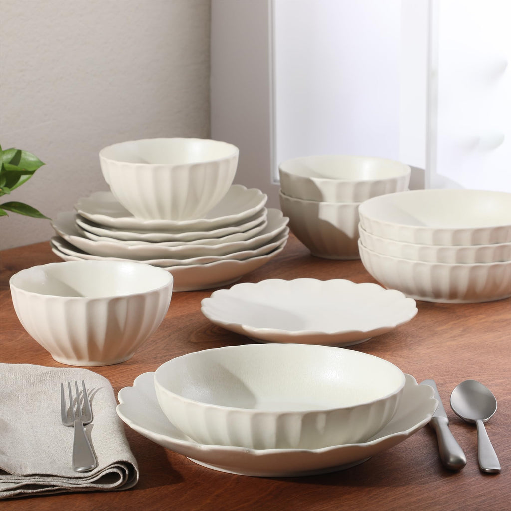 Malibu Shore 16 Piece Scalloped Edge Stoneware Matte Reactive Glaze (Service for 4) Ceramic Plates and Bowls