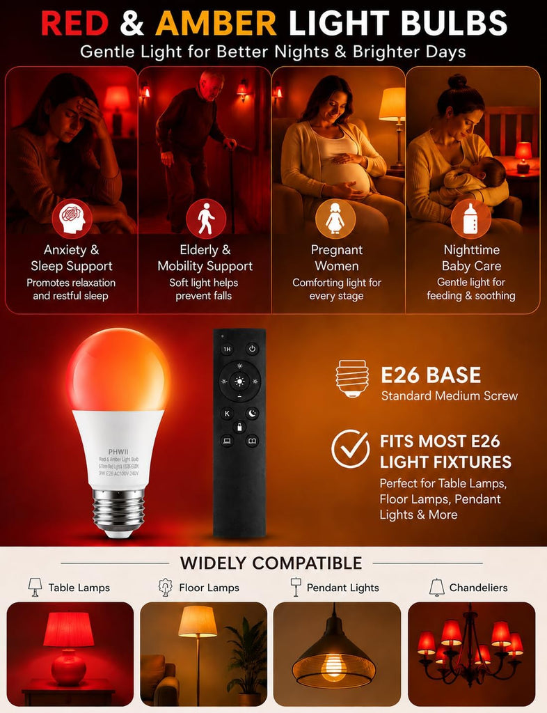 670nm Red Light Bulb for sleep, Amber Light Bulbs with Remote Control, Circadian Sleep Light Bulb, Blue Light