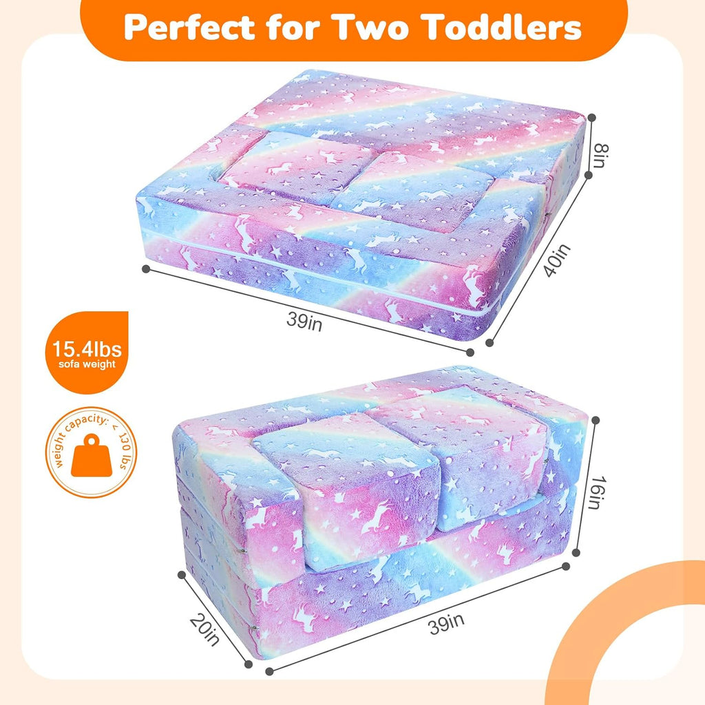 Glow in Dark Rainbow Kids Couch, Modular Fold Out Play Sofa