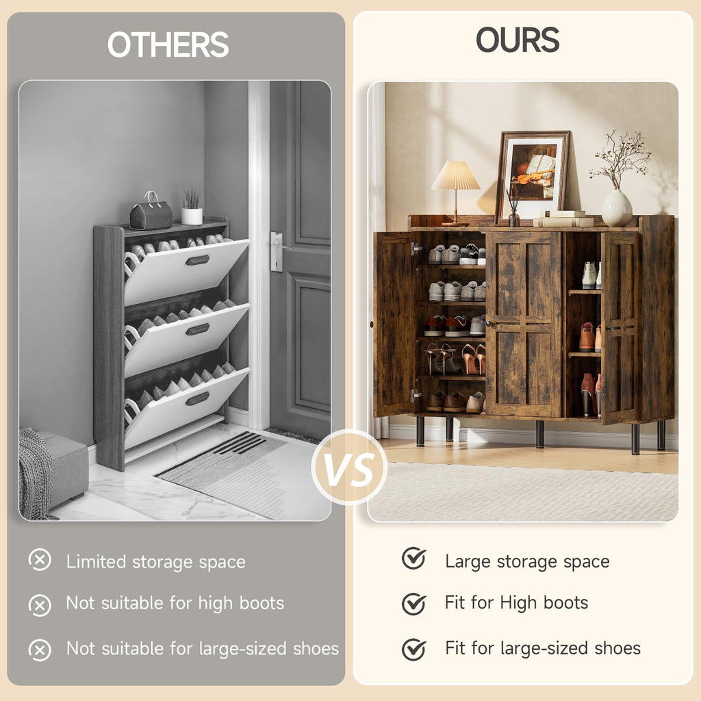 Shoe Cabinet with 3 Doors & Adjustable Shelves (Rustic Brown)