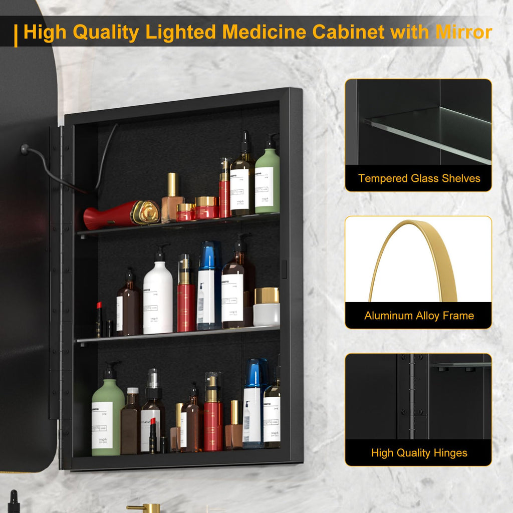 Lighted Arched Medicine Cabinet with LED Mirror, Gold Arched Mirror Cabinet