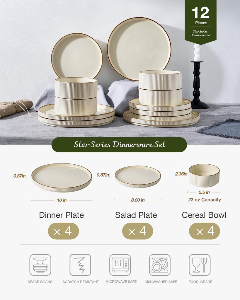 Plates and Bowls Set with Rim, Stoneware Dinnerware Sets for 4
