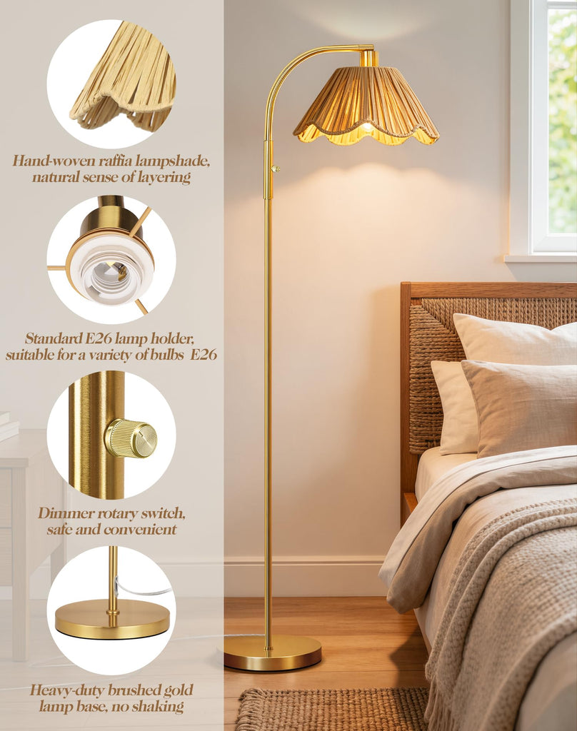 Gold Floor Lamp, Modern Standing Lamp with Raffia Lampshade, Stepless Dimmable Rotary Switch, 63" Farmhouse