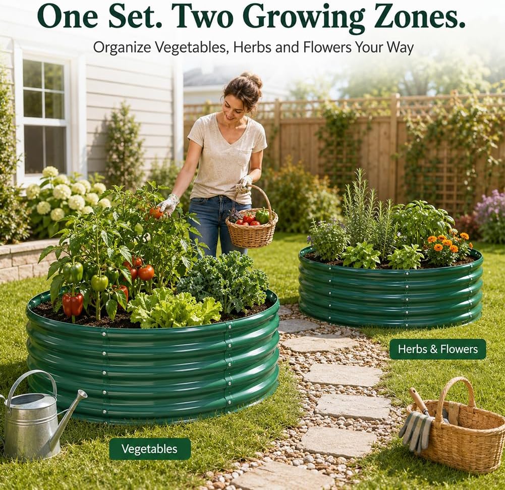 17" Tall 3FT Round Raised Garden Bed, 2 Pc Galvanized Raised Box, Dark Grey | Bottomless High Metal Garden Bed