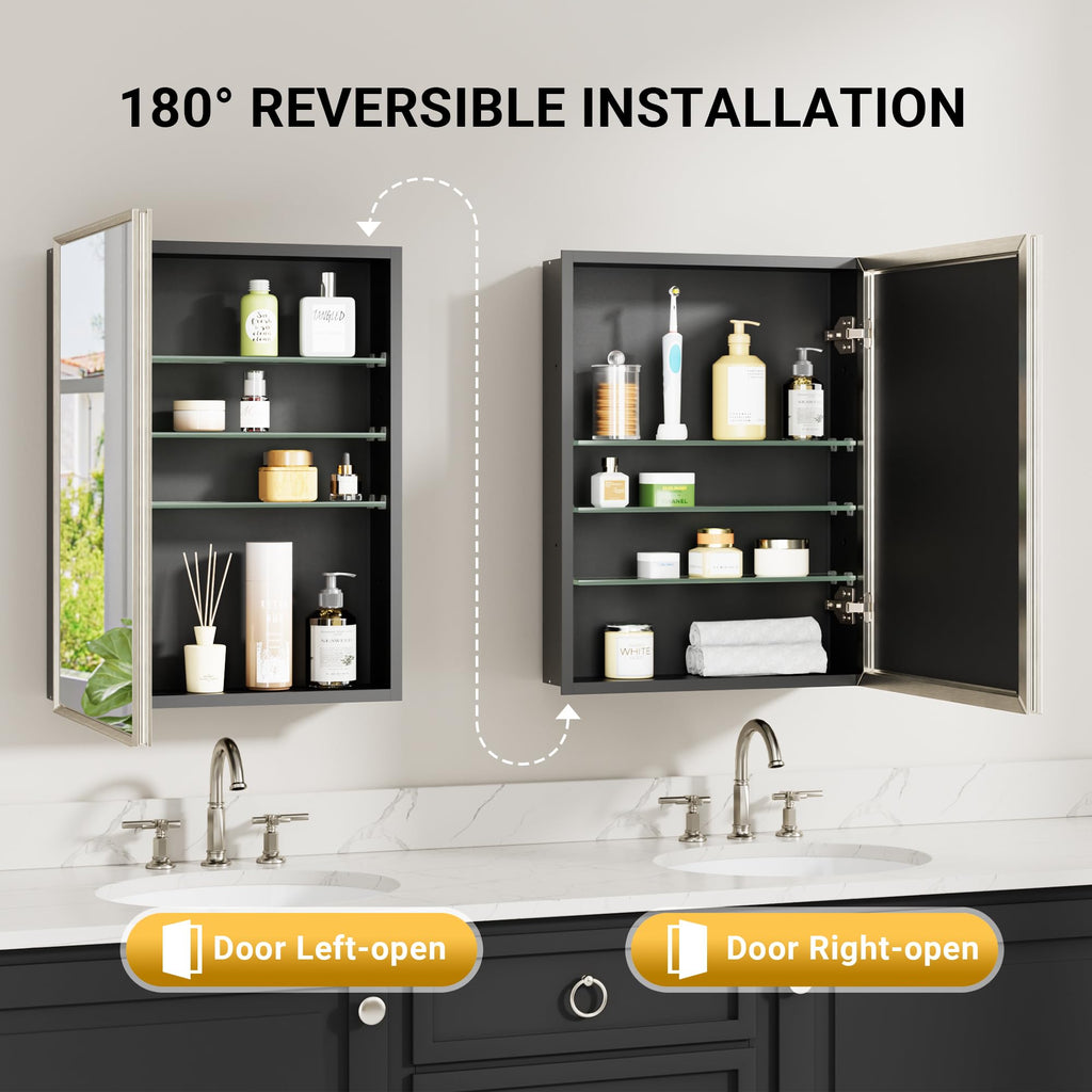 Pre-Assembled Surface or Recessed Medicine Cabinet Mirror-16x24 Brushed Nickel Bathroom Medicine Cabinet with Mirror