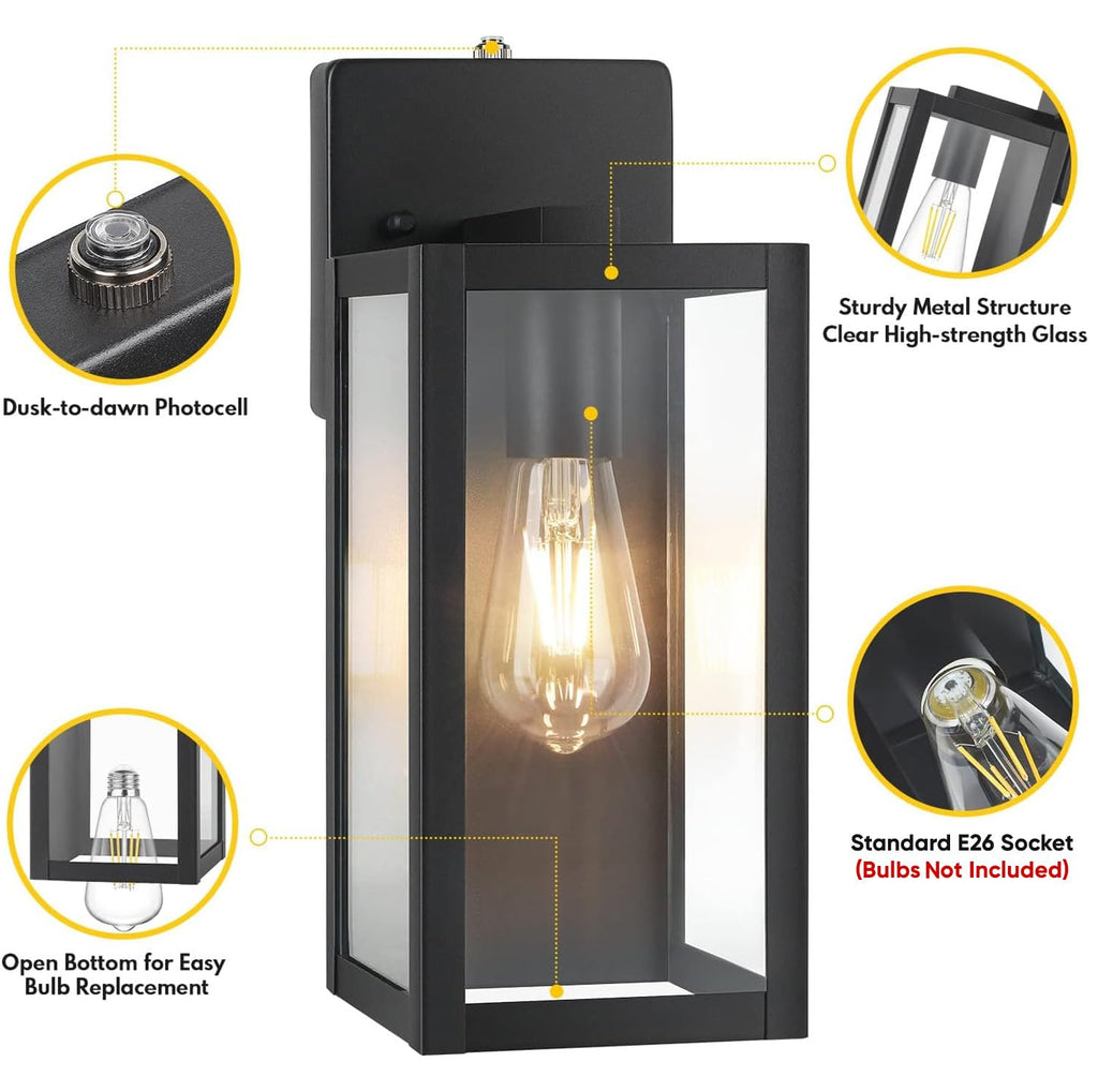 2-Pack Dusk to Dawn Outdoor Wall Lanterns Lights, Matte Black Waterproof Exterior Wall Sconces with Clear Glass