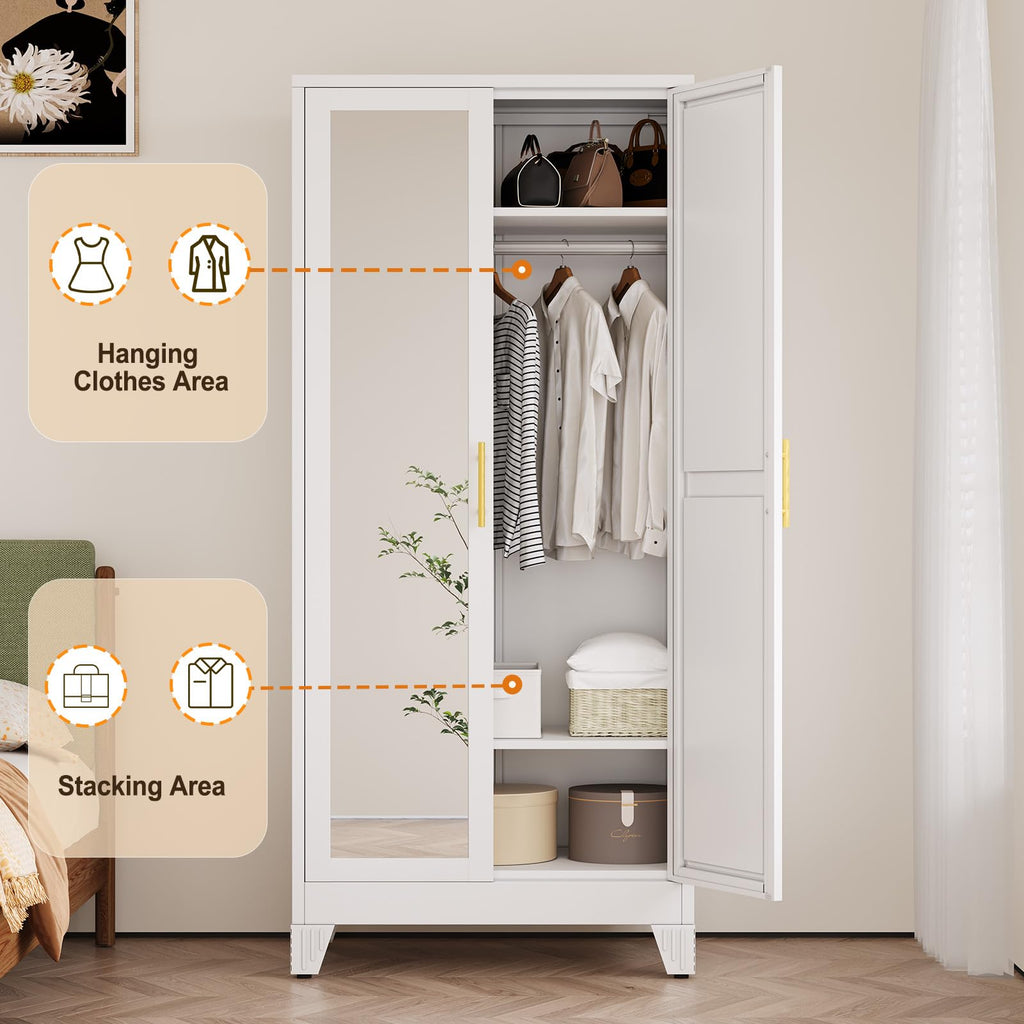 Metal Wardrobe Storage Cabinet with Mirror and Hanging Rod,71'' Metal Clothing Cabinet with 2 Doors and 2 Adjustable