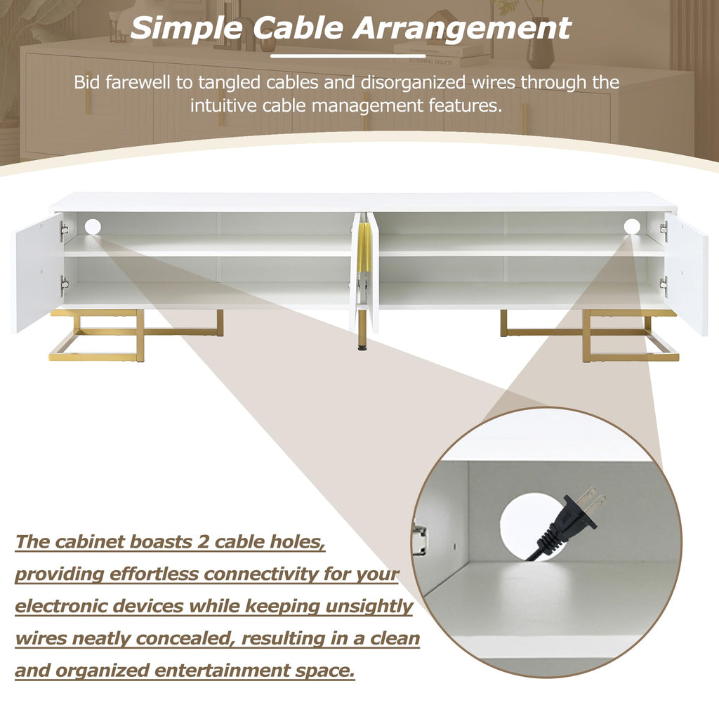 Modern TV Stand with Metal Legs, Gold Handles, Geometric Lines and Adjustable Shelves for TVs Up to 80'', Media