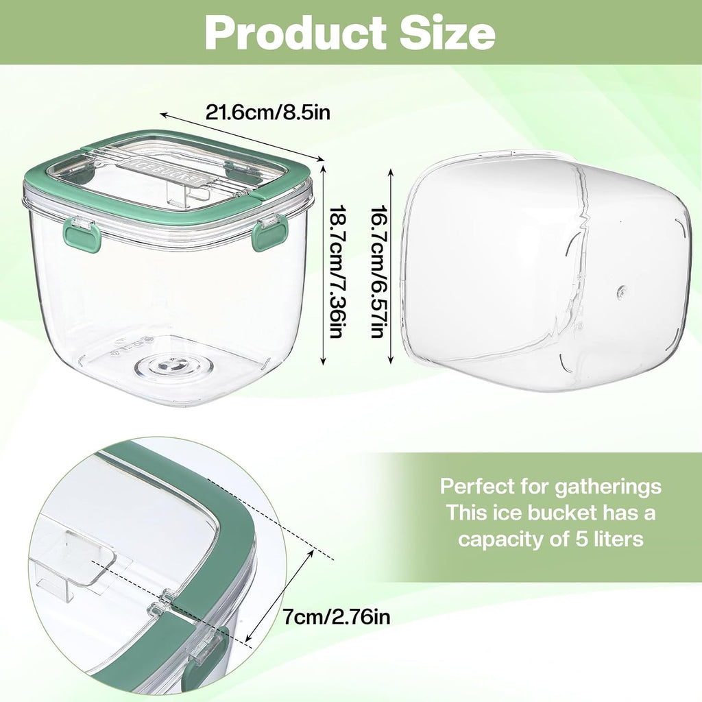 5L Ice Cube Storage Bin with Lid and Tong, Clear Ice Bucket for Freezer Portable Plastic Refrigerator Containers Wine