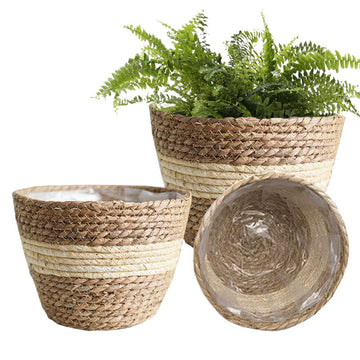 Seagrass Planter Basket - Set of 3 Hand Woven Basket Indoor Outdoor Storage Flower Pot Cover Containers with