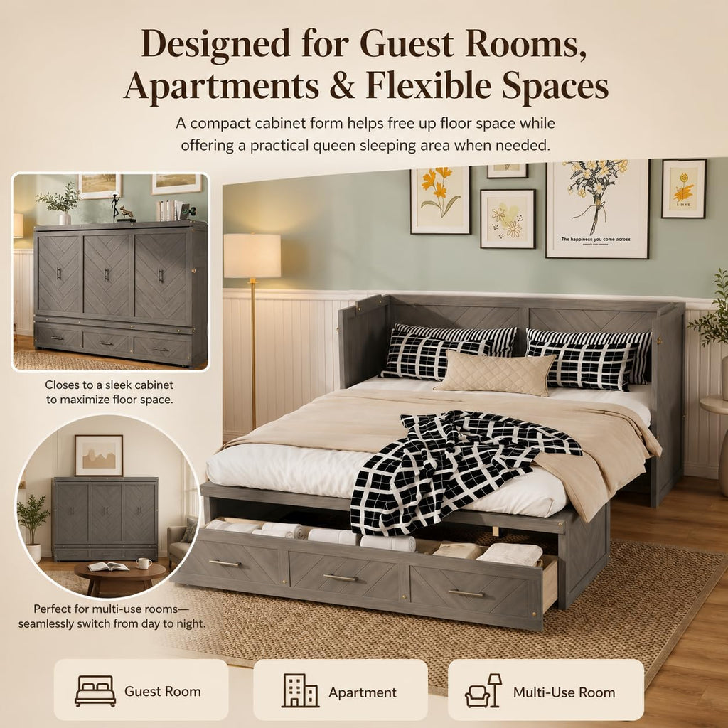 Queen Murphy Bed Cabinet with Storage, Space Saving Bed with USB Charging Station and Large 3-Compartment Drawer