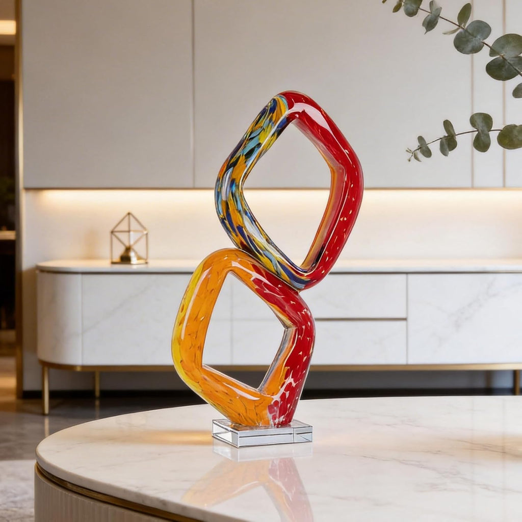 18.5′′ Hand Blown Glass Sculpture Abstract Geometric Loop Art, Murano Style Swirled Glas Contemporary Centerpiece