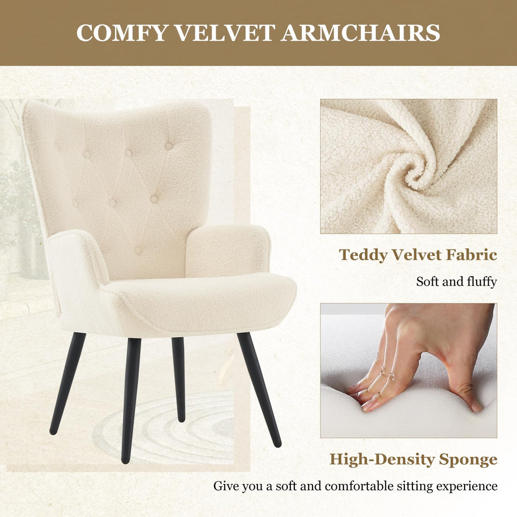 Faux Fur White Accent Chair Mid Century Modern Living Room Chairs; Comfy Armchair Leisure Vanity Guest Wingback Chair