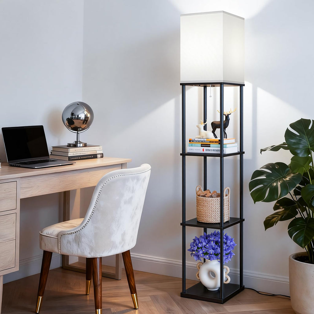 2-Pack Floor Lamp with Shelves, 3-Tier Square Bookshelf Standing Lamp