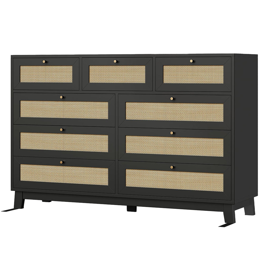 Black Rattan Dresser with 9 Drawer, Modern Double Wooden Long Bedroom Dresser, Chest of Drawers with Metal Handle &