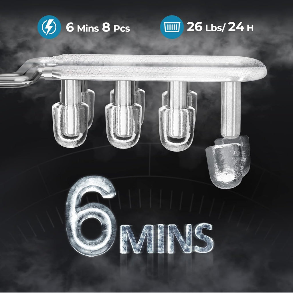 Countertop Ice Maker Machine, 8 Ice Cubes in 6 mins, 26lb/Day Ice with 2 Sizes- Portable Mini, Energy Saving &