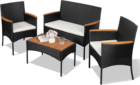 4-Piece Patio Furniture Set, Outdoor Wicker Patio Conversation Furniture Set with Cushions and Wooden Tabletop for