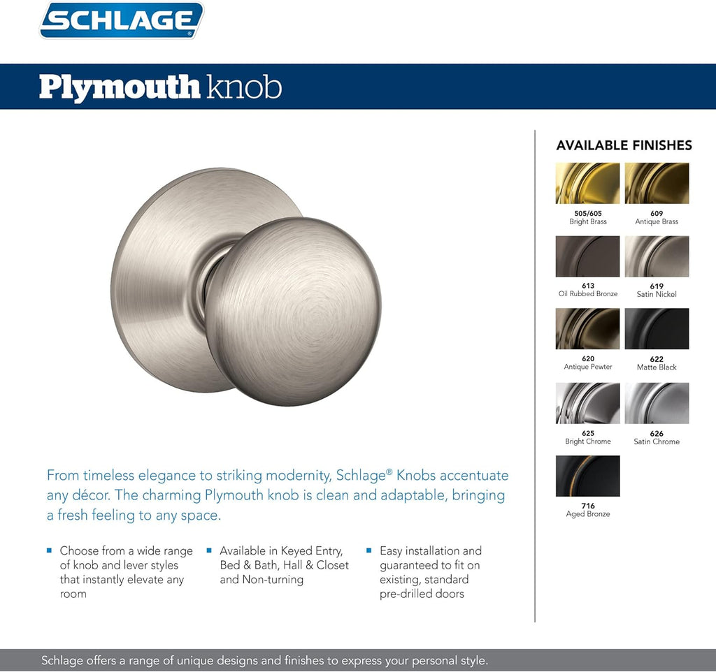 Plymouth Keyed Entry Door Knob, Interior/Exterior, Satin Nickel