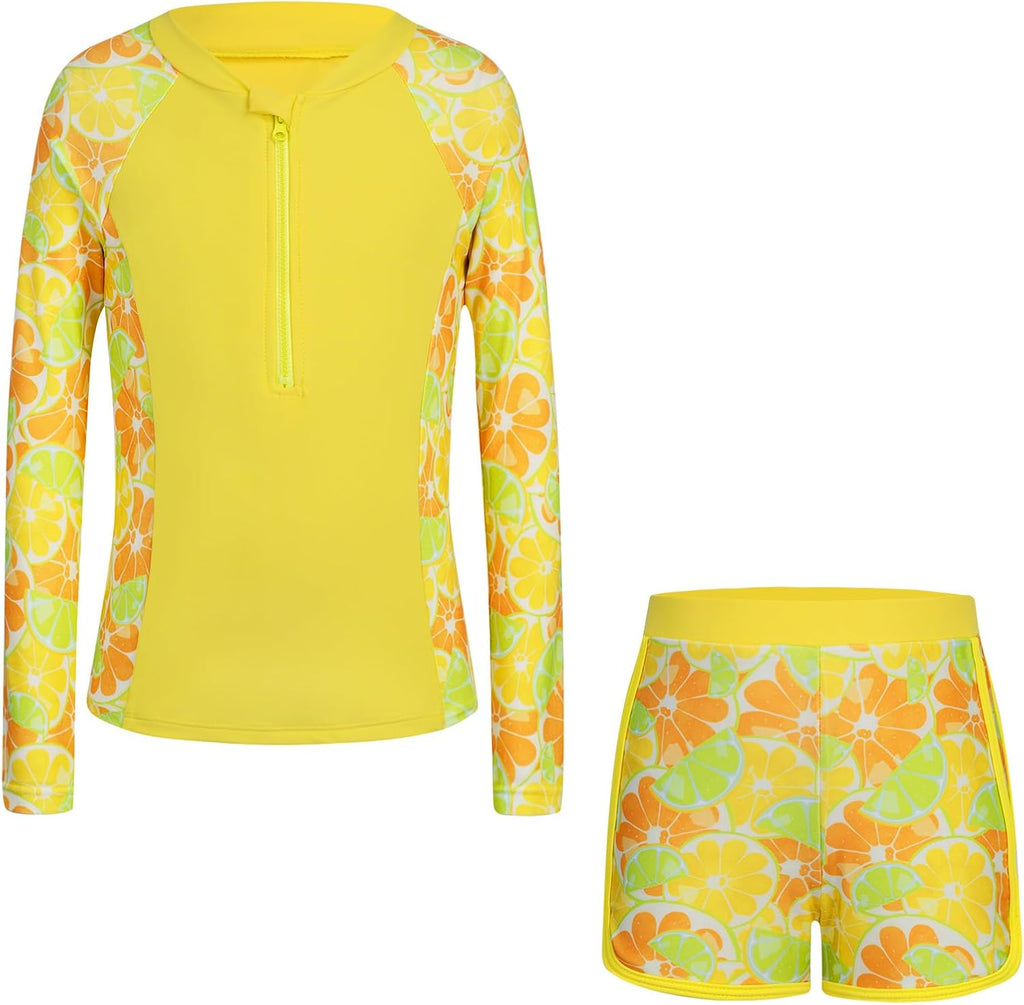 Girls Rash Guard Swimsuits Long Sleeve Swimsuit 2 Piece Bathing Suits UPF 50+ Zip Swimwear Boyshorts