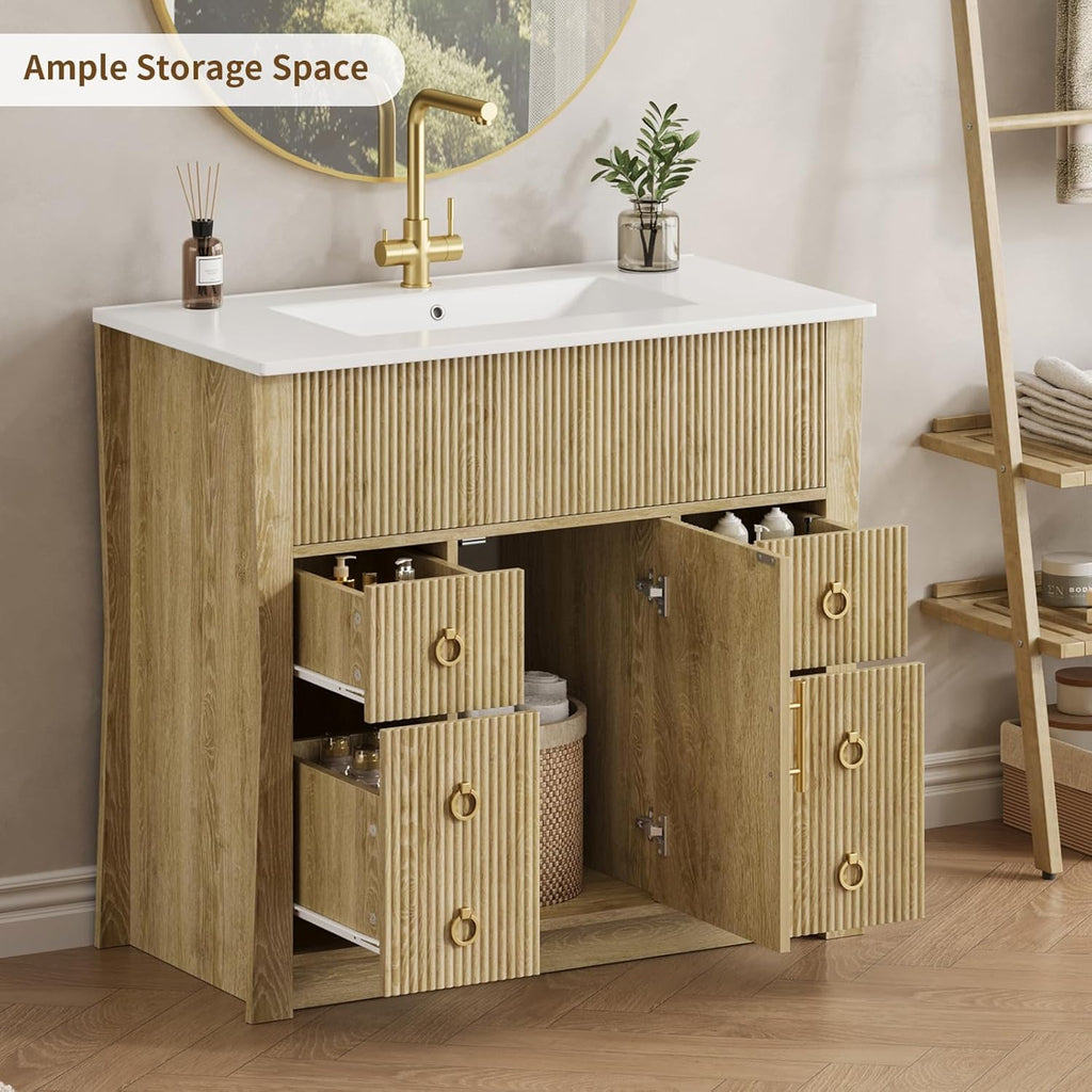 36" Freestanding Fluted Bathroom Vanity with Sink & Drain - Cabinet with 4 Drawers & Door