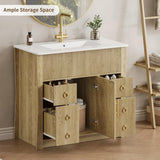 36" Freestanding Fluted Bathroom Vanity with Sink & Drain - Cabinet with 4 Drawers & Door