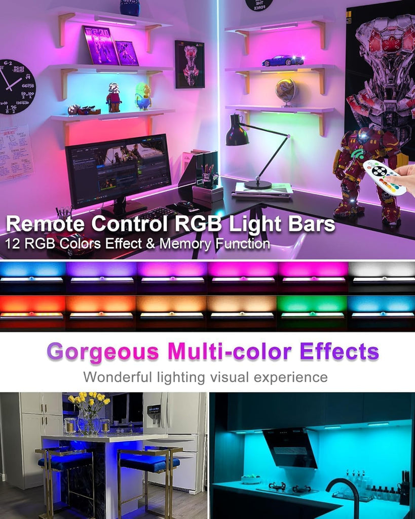 Under Cabinet Lighting Wireless, RGB LED Closet Lights, 4 Pack