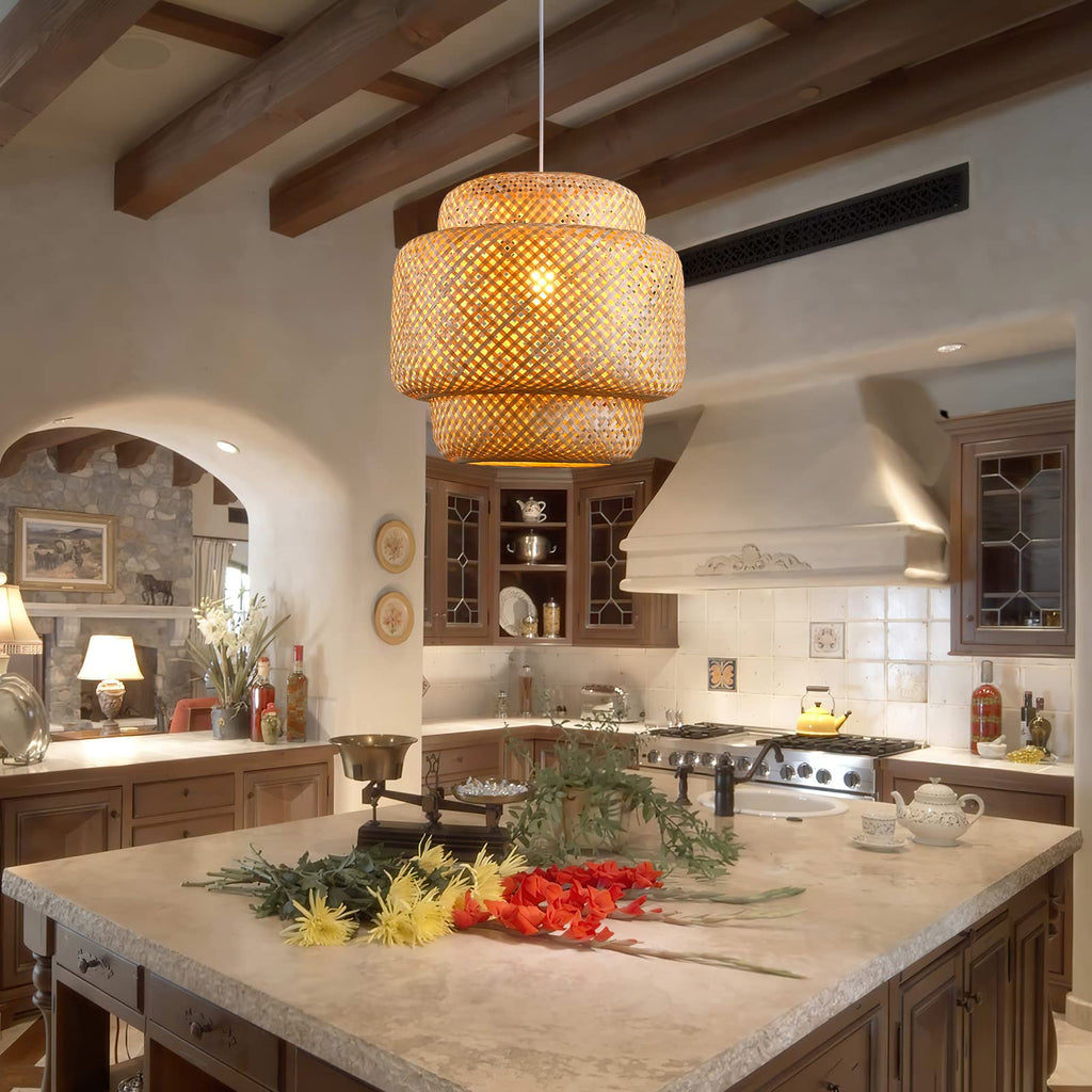 Bamboo Pendant Light - Boho Basket Chandelier Handmade, Natural Wicker Rattan Hanging Chandelier Island Dining Room