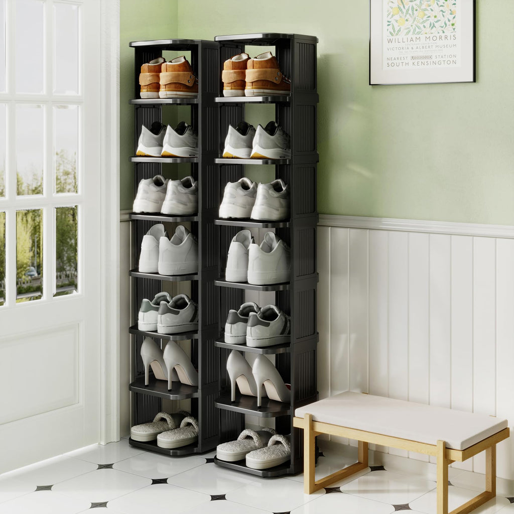 Stackable 16-Tier Shoe Rack for Closet & Entrance - Tall, Narrow, Vertical Shoe Stand - Plastic, Free Standing
