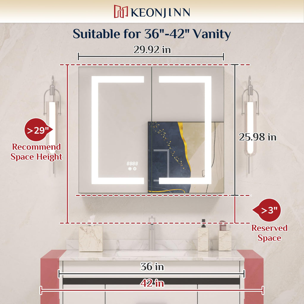 30 x 26 Inch Lighted Medicine Cabinet with Fast Defogger & Outlets