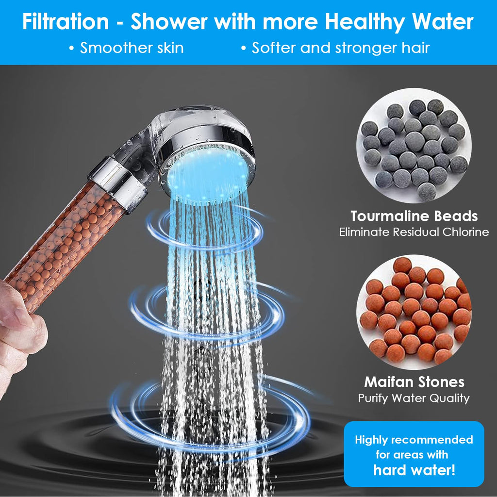 Temperature Controlled 3-color Changing Shower Head Kit, Water Saving Showerheads with Filtration Beads, LED High