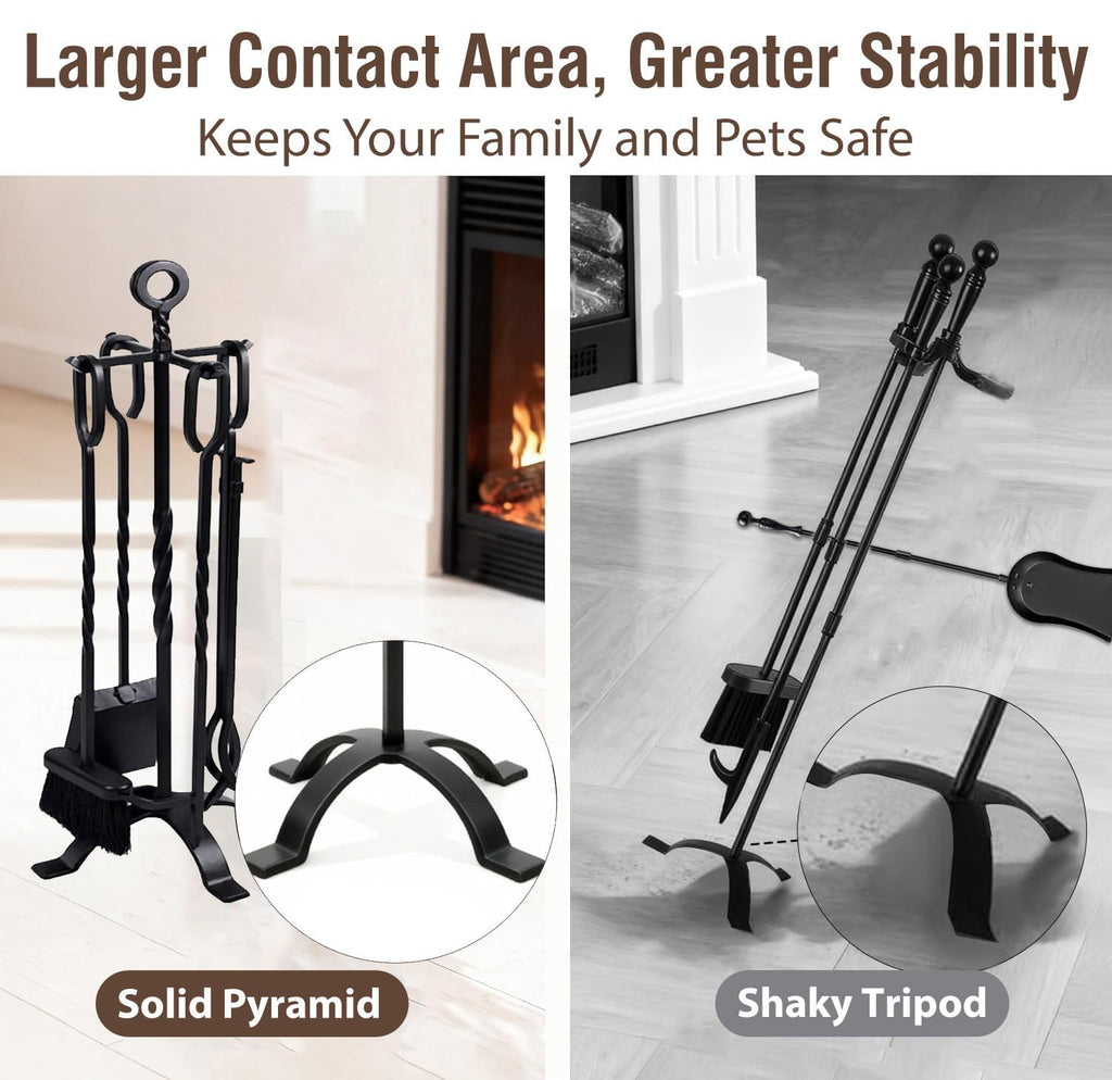 5 Pieces Fireplace Tools Set Indoor Wrought Iron Fire Set Fire Place Pit Large Poker Wood Stove Log Firewood Tongs