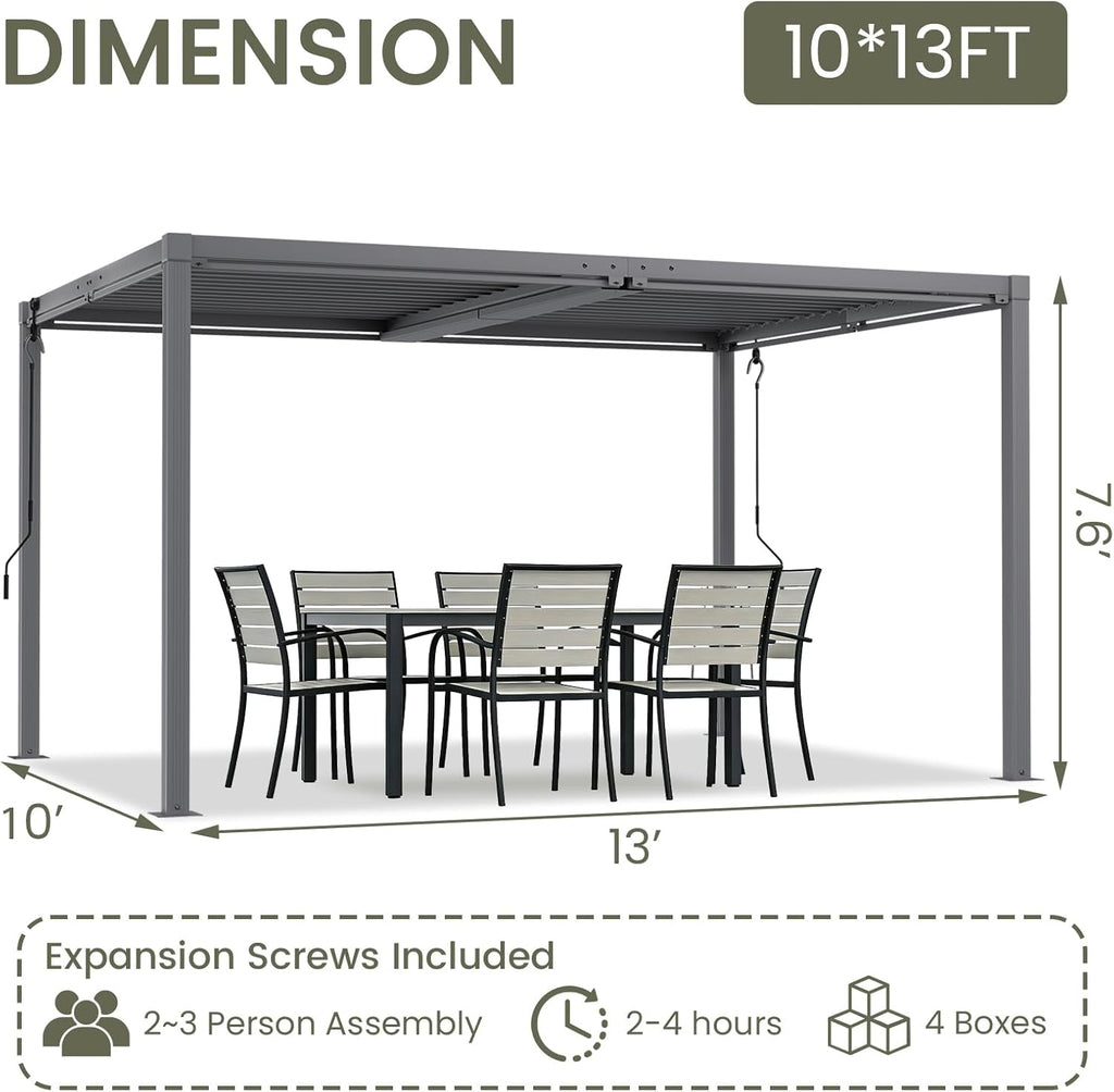 Louvered Pergola 10' x 13', Outdoor Aluminum Pergola with Reinforced Steel Roof