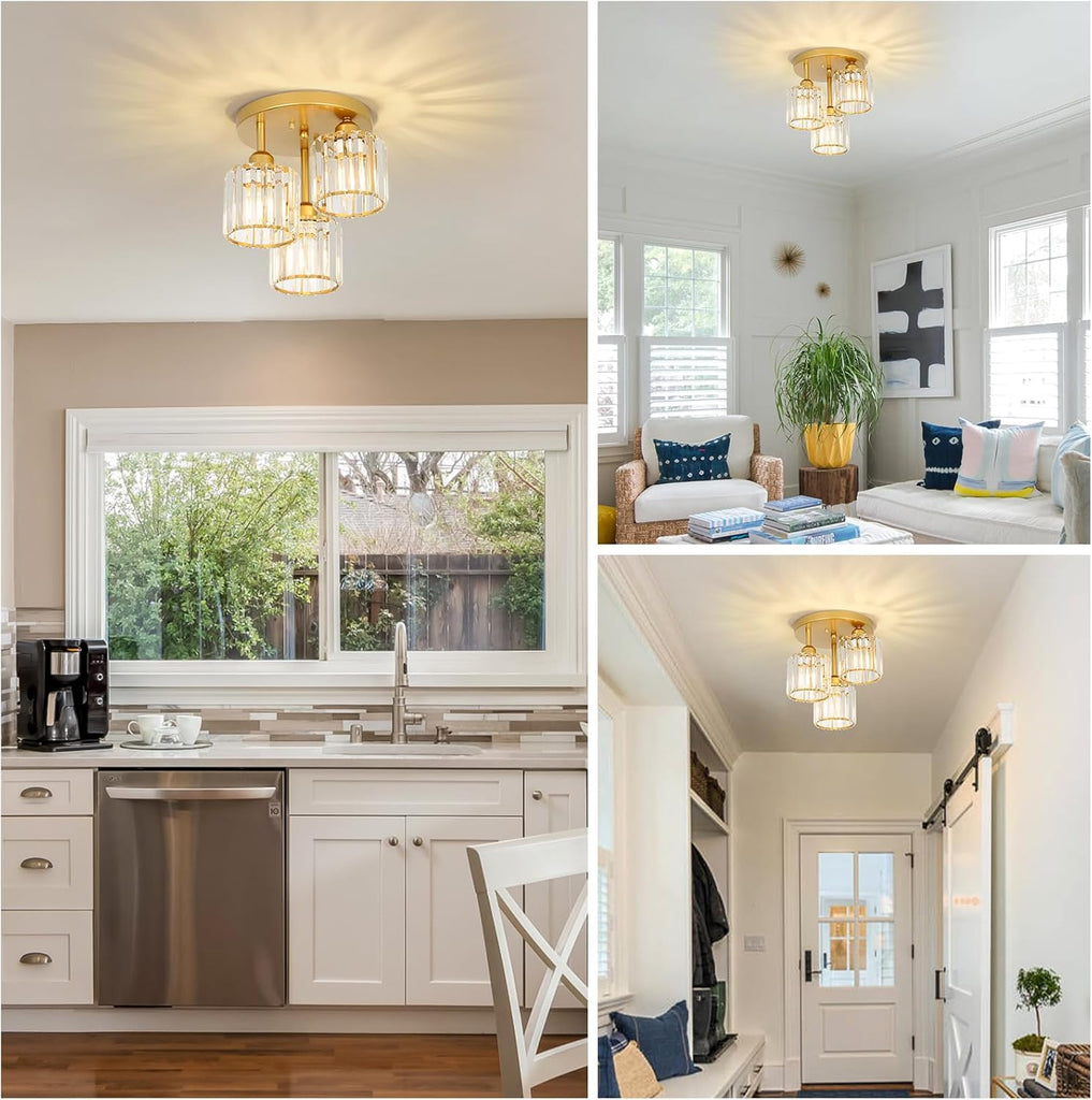 Modern Semi Flush Mount Ceiling Light,3-Light Golden Crystal Close to Ceiling Light Fixtures,Kitchen Light Fixtures