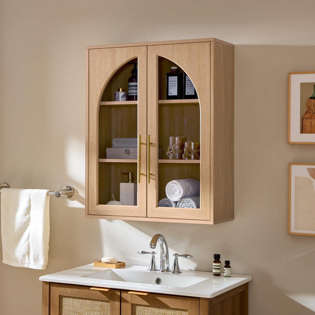 Bathroom Wall Cabinet, 23.5×31.4'' Storage Cabinet, Arched Cabinet Wall Mount with Adjustable Shelf & Glass Doors