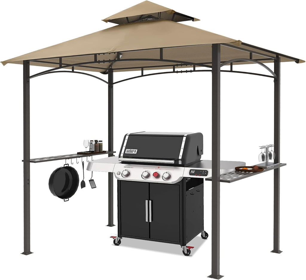 8 x 5 Grill Gazebo Outdoor BBQ Gazebo Canopy with 2 LED Lights (Khaki)